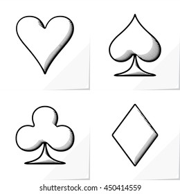 Four Card Suits Hearts Spade Clubs Diamonds - Black Woodcut Graphic Game Symbols on White Natural Paper Effect Background - Pictogram Sign Woodcut Style