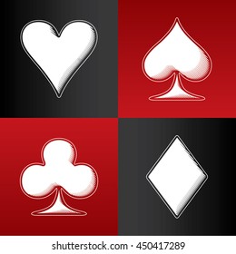 Four Card Suits Hearts Spade Clubs Diamonds - White Woodcut Graphic Game Symbols on Black and Red Background - Pictogram Sign Woodcut Style