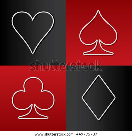 Four Card Suits Hearts Spade Clubs Diamonds - White Relief Outline Game Symbols on Red and Black Background - Graphic Gradient Style