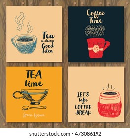 four card for tea or coffee time, vector illustration in hand drawn style