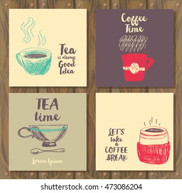 four card for tea or coffee time, vector illustration in hand drawn style