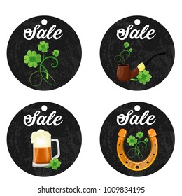 Four cardboard hanging price stickers on St. Patrick's Day on white background. Vector Eps 10 file.