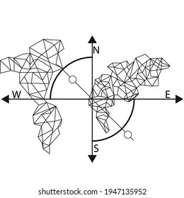 Las cuatro direcciones cardinales, o direcciones cardinales. La rosa de la brújula muestra el Norte, el Sur, el Este y el Oeste, la ilustración vectorial de las poblaciones aisladas en el fondo blanco. Mundo, países, continente