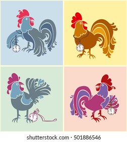 Four cards with colorful roosters. Bright birds to watch.