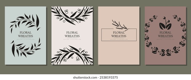 Quatro cartas com coroas florais, cada uma com desenhos diferentes com folhas e bagas em pastel e fundos terrosos. Ideal para convites, decorações, cartões de felicitações, temas da natureza e