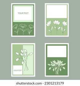 Four cards with green twigs and flowers. Hand-drawn vector illustration for wedding, invitation or greeting card. 