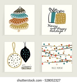 Four Cards. Hand Drawn Creative Festive Element. Colorful Artistic Backgrounds With Christmas Decoration. It Can Be Used For Invitation, Thank You Message, Postcard. Vector Illustration, Eps10