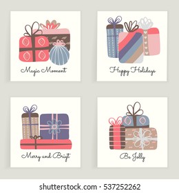 Four cards. Hand drawn creative gifts isolated on white. Colorful artistic backgrounds with presents. It can be used for invitation, thank you message, postcard. Vector illustration, eps10