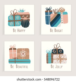 Four cards. Hand drawn creative gifts isolated on white. Colorful artistic backgrounds with presents. It can be used for invitation, thank you message, postcard. Vector illustration, eps10