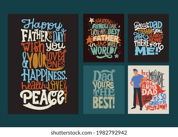 Four cards for the holiday Father's Day. Vector illustration. Handwritten lettering. Lettering for the holiday Father's Day. Typography vector design for greeting cards and poster. Design template.