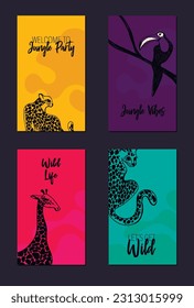 Four cards for jungle style party, hand drawn styled animals, vector illustration, funky palette