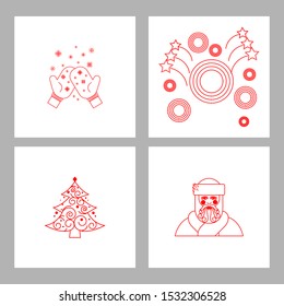 Four cards made in line style vector. Greeting cards, stickers, posters. New Year and Christmas theme. Mittens, New Year tree, firework, Santa Claus.
