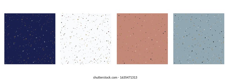 Four cards with seamless pattern of italian terrazzo trendy granite fragments creative backdrop. Chaotic stone pieces on white background. Modern marble textile, tile design vector illustration.