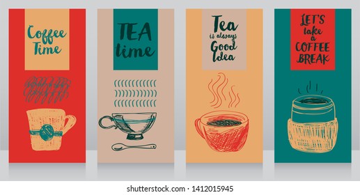 four cards with tea or coffee cups, autumn palette, vector illustration in sketch style