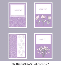 Four cards with white leaves and pink flowers. Hand-drawn vector illustration for wedding, invitation or greeting card. 