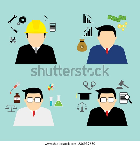 four careers man icon set on isolate engineer,\
scientist, investor,\
lawyer