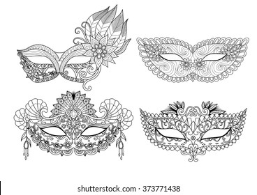 Four carnival mask designs for coloring book for adult or element for design