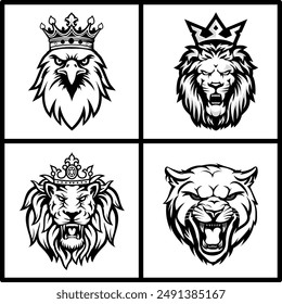 four carnivorous animal elements with a black and white crown which can be used to create a logo or brand