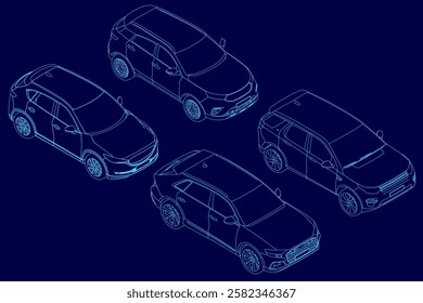 Four cars are shown in a blue background. The cars are all different shapes and sizes, with one being a small hatchback and the other three being larger vehicles. Isometric view. 3D