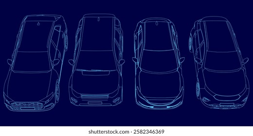 Four cars are shown in a blue background. The cars are all same color and styles. The image is a representation of a car show or a car dealership. Front view