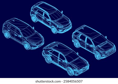 Four cars are shown in a blue background. The cars are all different shapes and sizes, with one being a small hatchback and the others being larger vehicles. The blue background gives the image a cool