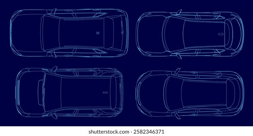 Four cars are shown in a blue color. The cars are in different positions and sizes. The image has a futuristic and sleek look to it. Top view