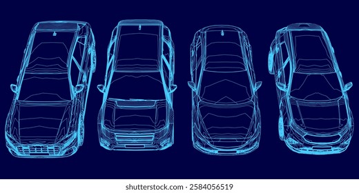 Four cars are shown in a blue image. The cars are all different sizes and shapes, with one being the smallest and the other three being larger. The image has a futuristic feel to it