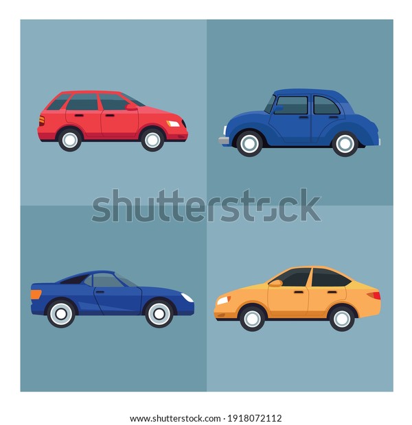 four cars vehicles colors isolated icons vector\
illustration design
