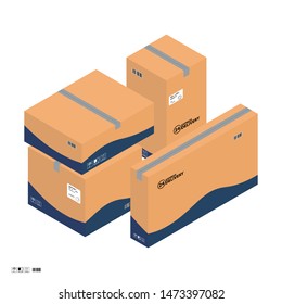 Four carton isometric parcel boxes for express delivery service. Isometric parcel boxes sealed with tape, with freight signs and stickers. Set of carton color isometric boxes, isolated vector.