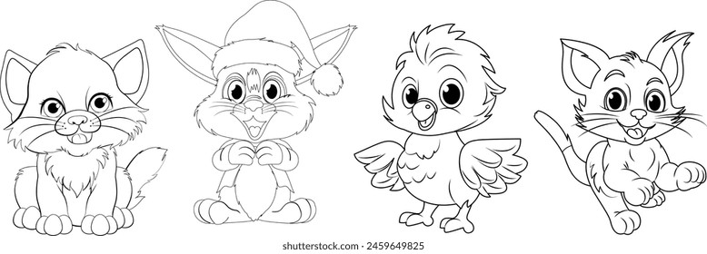 Four cartoon animals, including a festive bunny