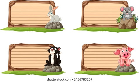 Four cartoon animals posing with blank signboards.