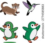 Four cartoon animals running and flying in cheerful colorful style