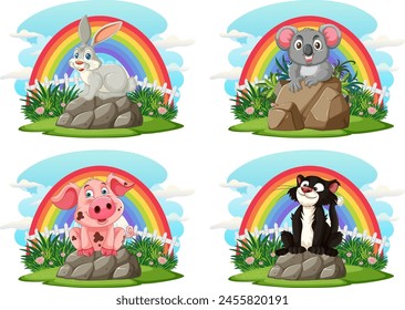 Four cartoon animals sitting under rainbows.