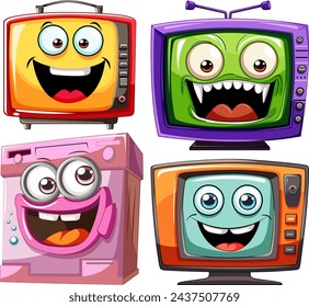 Four cartoon appliances with expressive faces