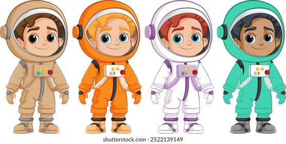 Four cartoon astronauts in different colored spacesuits