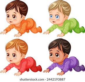 Four cartoon babies crawling in colorful outfits