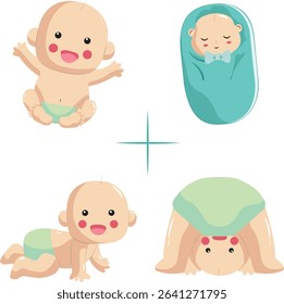 Four cartoon babies are depicted: one sitting, one swaddled, one crawling, and one upside down, all wearing pastel green diapers or a blanket.