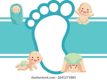 Four cartoon babies in various poses surround a teal footprint design. One is swaddled, one is crawling, one is upside down, and one is sitting.