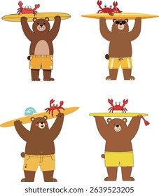 Four cartoon bears in swim trunks holding surfboards with crabs on them, set against a white background. Summer fun!
