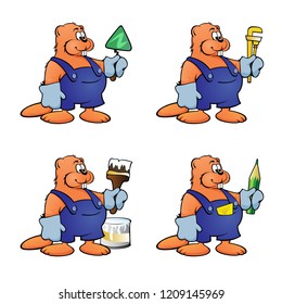 Four cartoon beavers in different construction images on a white background