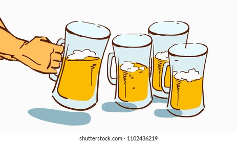 Four cartoon beer mugs and man's hand. Colorful vector sketch isolated at white. Clip art.