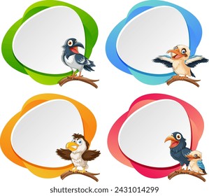 Four cartoon birds perched within vibrant borders.