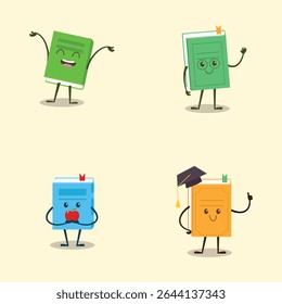 Four cartoon book characters with different expressions and actions, set against a pale background.  The books are depicted with expressive faces and limbs, and one character is wearing a graduation 