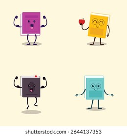 Four cartoon book characters in different colors are depicted. Each book character has arms and legs.  The books are holding or have an . The characters have expressions such as surprise