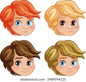 Four cartoon boy faces with different hair colors