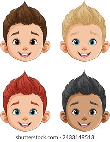 Four cartoon boys with different hairstyles and expressions.