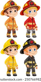 Four cartoon boys dressed as firefighters