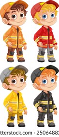 Four cartoon boys in firefighter uniforms