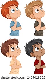 Four cartoon boys pondering with curious expressions.