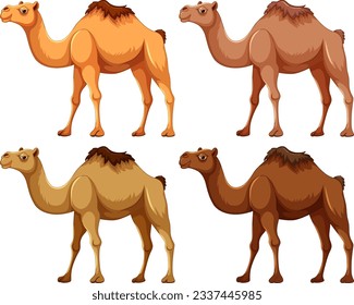 Four cartoon camels walking in a line, isolated on a white background
